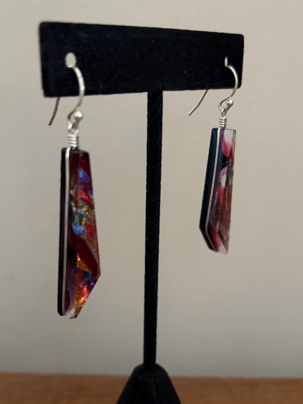Artisan .925 Sterling Silver Multicolor Dichroic Glass Earrings, 2" drop - Picture 2 of 5